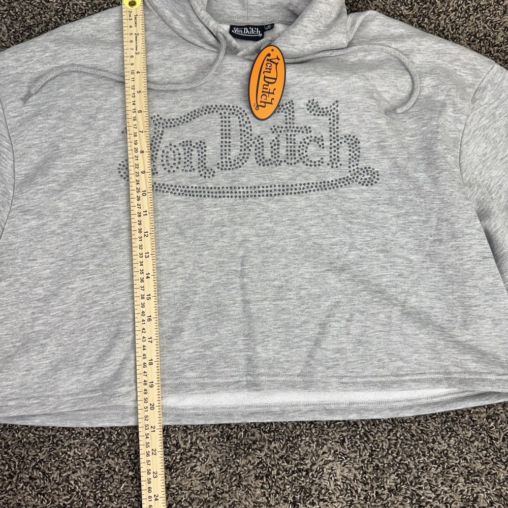 Von Dutch Rhinestone Logo Cropped Hoodie Gray Y2K Women M NWT - Picture 3 of 6